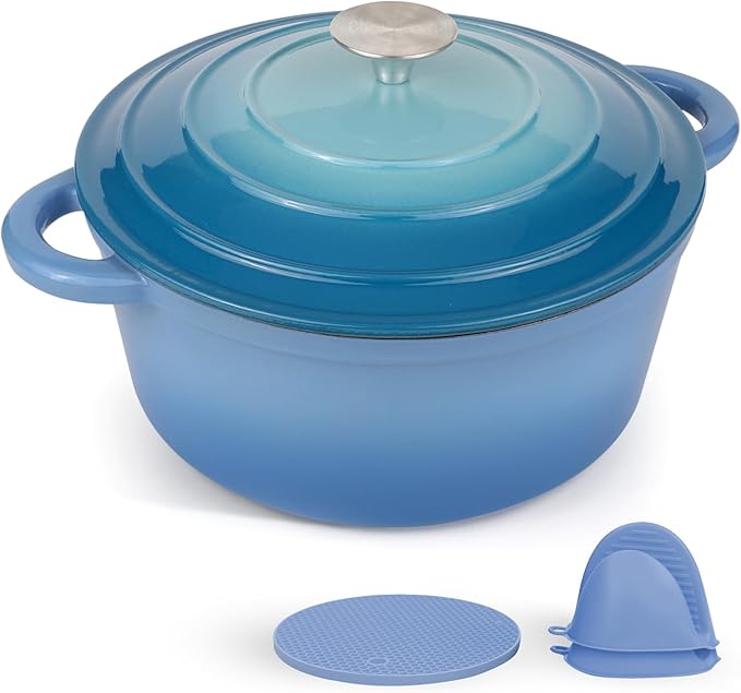 CookNexa 6 Quart Enameled Cast Iron Dutch Oven Pot with Lid and Silicone Accessories, Oven Safe up to 500°F or on Stovetop, Non-stick Dutch Oven for Bread Baking, Cooking, Dual Handles Cookware, Light Blue