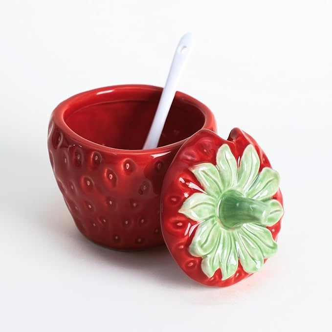 WAIT FLY Strawberry Ceramic Sugar Bowl with Lid, Sugar Container, Sugar Salt Pepper Storage Jar for Kitchen Countertop, Coffee Bar