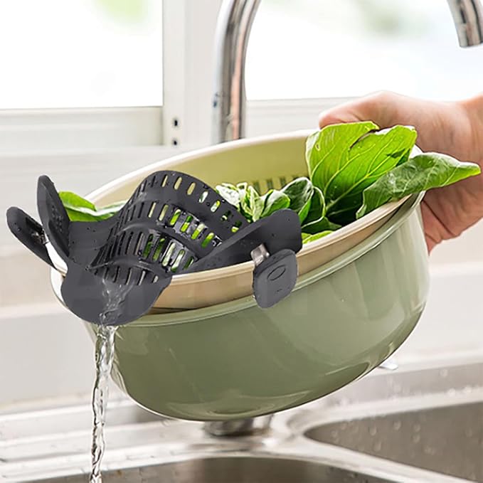 Pasta & Pot Strainer, Adjustable Silicone Food Strainer Hands-Free Pan Strainer Fits all Pots and Bowls, Clip on Strainer for Noodle Meat Vegetables Fruit Kitchen Gadgets Cooking Colander (Black)