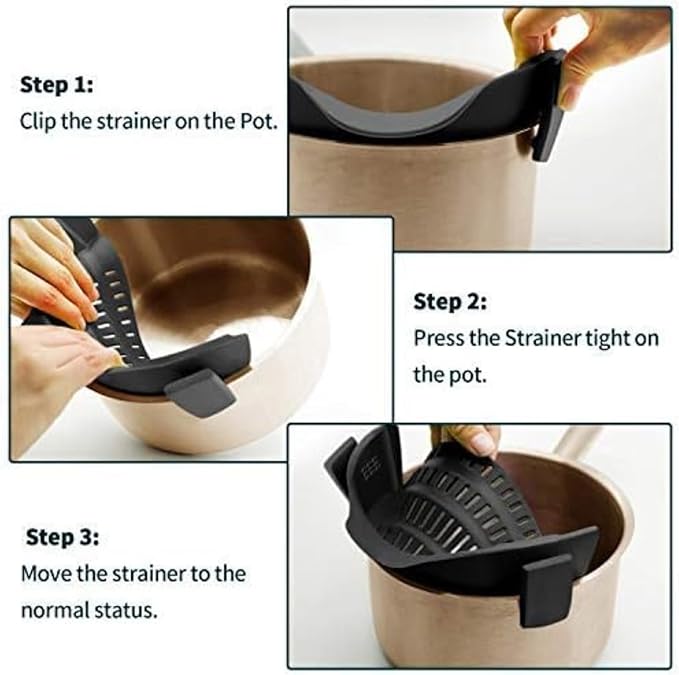Clip On Strainer Silicone for All Pots and Pans, Pasta Strainer Clip on Food Strainer for Meat Vegetables Fruit Silicone Kitchen Colander (MilkShake)