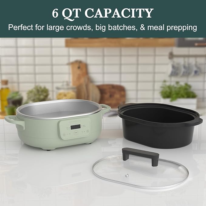 MAGNIFIQUE 6 Quart Programmable Slow Cooker Removable Healthy Nonstick Pot - Small Kitchen Appliance for Family Dinners - Serves 6+ People - Heat Settings: Keep Warm Sage Green