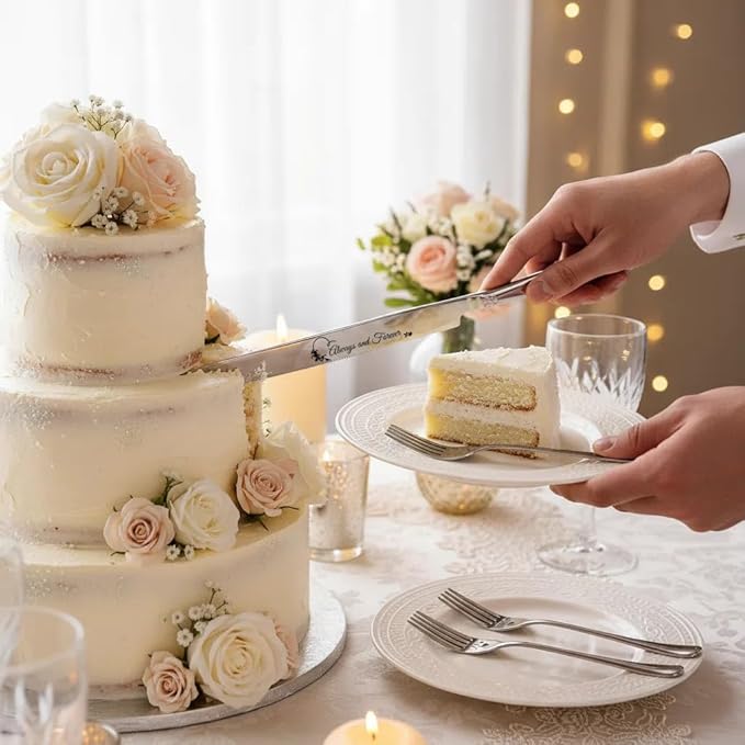 4 Pieces Wedding Cake Cutting Set Knife and Forks Set Wedding Cake Knife and Server Set Sliver Forks Engraved Mr. and Mrs.for Engagements, Anniversaries, Bride and Groom (Silver GROOM&BRIDE)