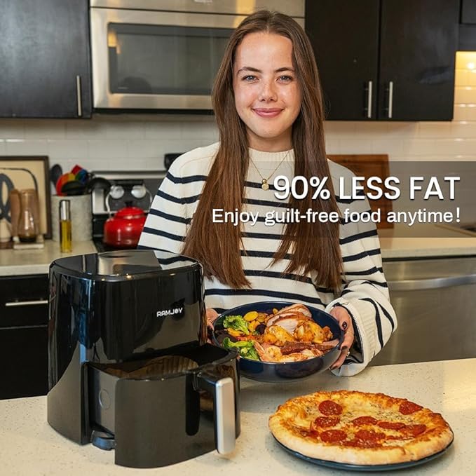 RAMJOY Air Fryer 3.8 Quarts for 1-2 people, 8-in-1 Functions, Air Fry, Roast, Bake, Broil, Preheat, Shake, Digital Small Air Fryer, Nonstick Dishwasher-Safe Basket, Compact Air Fryers, Black