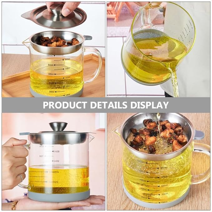 Grease Container with Fine Mesh Strainer 33.80Oz Bacon Grease can for Kitchen Oil Filtering and Storage with Handle for Cooking and Food Preparation
