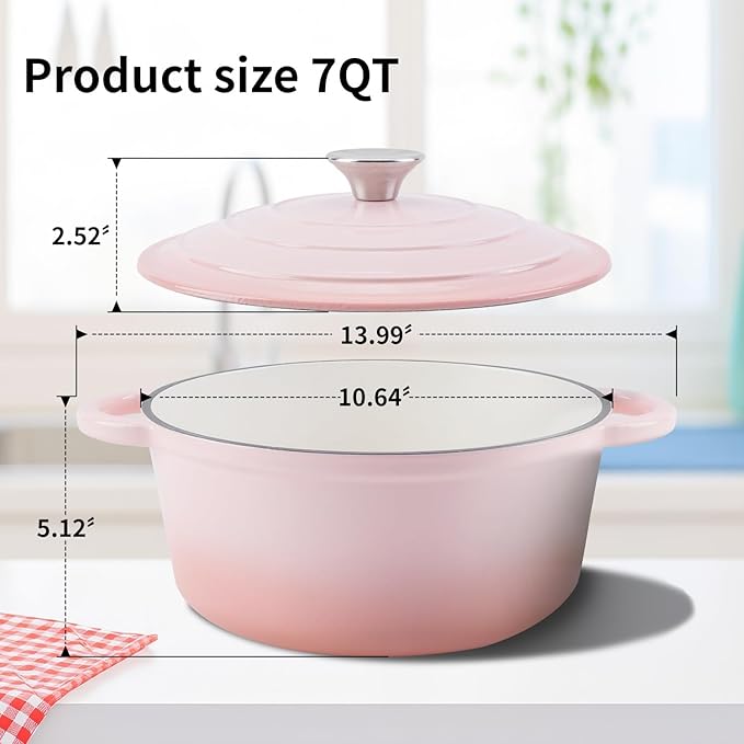 WOKINS Enameled Cast Iron Dutch Oven Pot with Lid Heavy-Duty Cookware for Bread Baking,Braising,Stews,Roasting,Oven Safe up to 500°F,7QT,pink