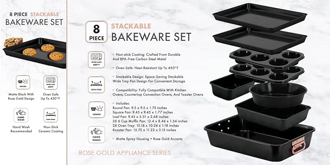 Prime Cuisine Nonstick Ceramic Bakeware Set – 8 Piece Baking Pans Set, Oven Safe to 450°F, Includes Muffin Pans, Cookie Sheets, Loaf, Roaster, Round & Square Pans, BPA-Free
