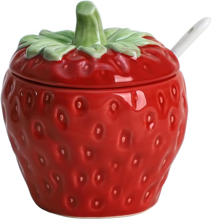 WAIT FLY Strawberry Ceramic Sugar Bowl with Lid, Sugar Container, Sugar Salt Pepper Storage Jar for Kitchen Countertop, Coffee Bar