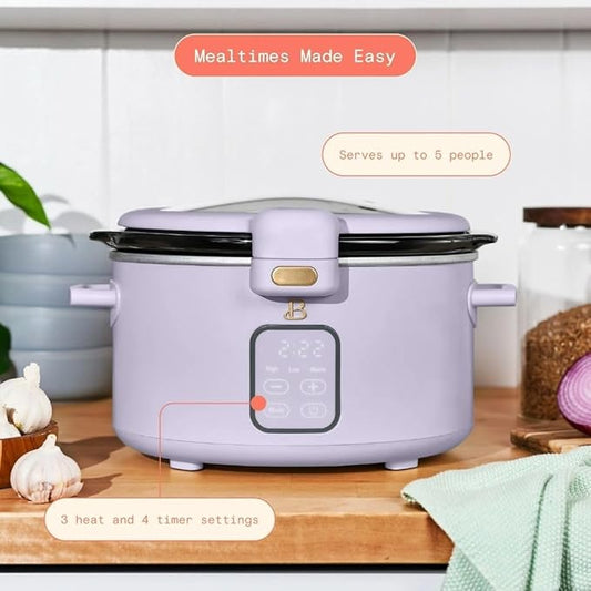 Beautiful by Drew 4.0-Quart Programmable Slow Cooker with Hinged Lid, Digital Timer, Keep Warm Function, Removable Stoneware Pot, Stainless-Steel Accents (Lavander)