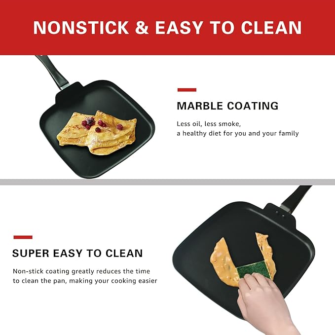 LECOOKING 10 Inch Square Griddle Pan, Nonstick Grill Pan for Cooking Eggs, Omelettes, and More, Griddle Cookware, PFOA Free