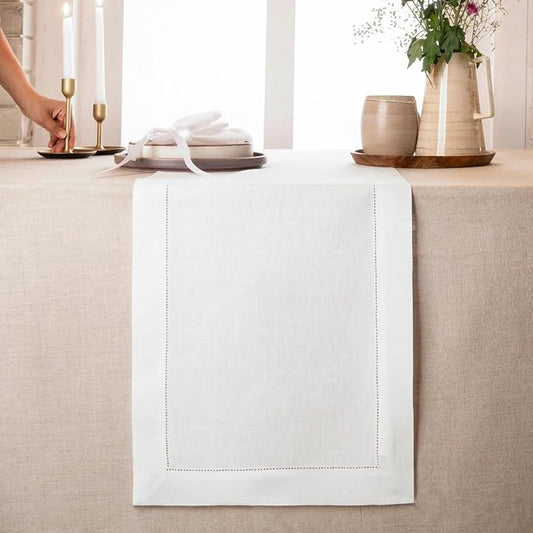 D'Moksha Homes Linen White Table Runner 120 Inches Long - 100% Pure Linen Hemstitch 14 x 120 Inch Table Runner for Dining, Valentines, Spring, Easter - Classic Hemstitch