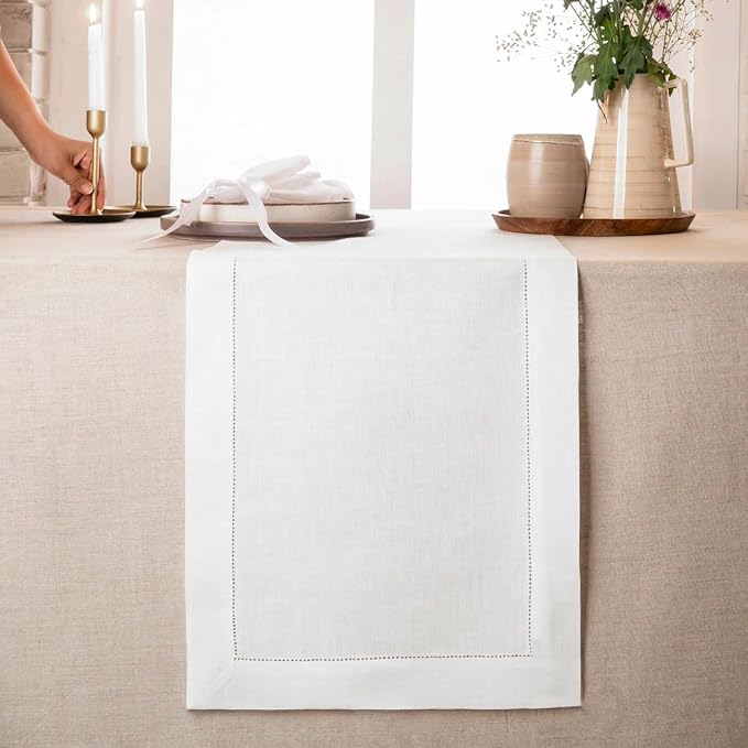 D'Moksha Homes Linen White Table Runner 48 Inches - Classic Hemstitch, 100% Pure Linen Coffee Table Runner 14 x 48 Inch Ideal for Dresser Tables, Valentines, Spring, Easter