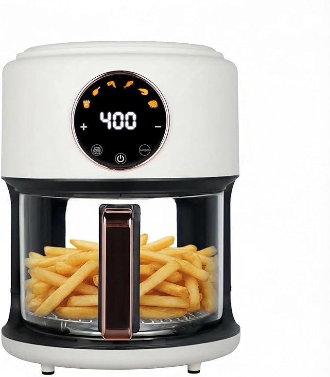 GYMODE 4.7QT Glass Air Fryer, 360° Viewable Glass Air Fryer Non Toxic, 6-IN-1 Preset Cook Modes, Digital Display, Adjustable Temp 100F - 400F, Nonstick, Dishwasher Safe, White