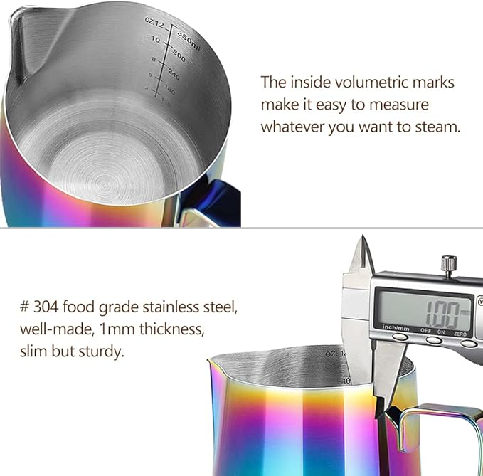 HOOMIL Milk Frothing Pitcher, 12oz/20oz/32oz Stainless Steel Steaming Pitcher Barista Milk Frother Cup Jug for Espresso Machine Coffee Cappuccino Latte Art - 12oz, Rainbow