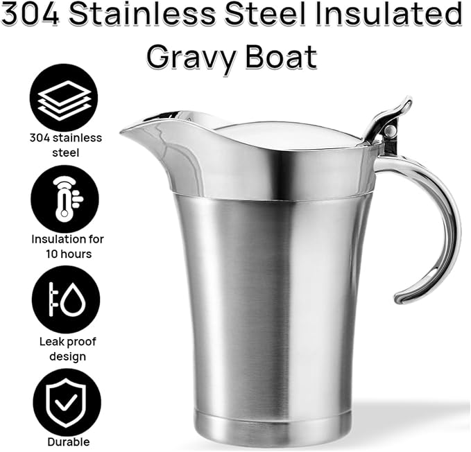 Peohud Gravy Boat, 304 Stainless Steel Double Insulated Sauce Jug with Hinged Lid, 24 Oz Gravy Warmer Pitcher for Home and Kitchen