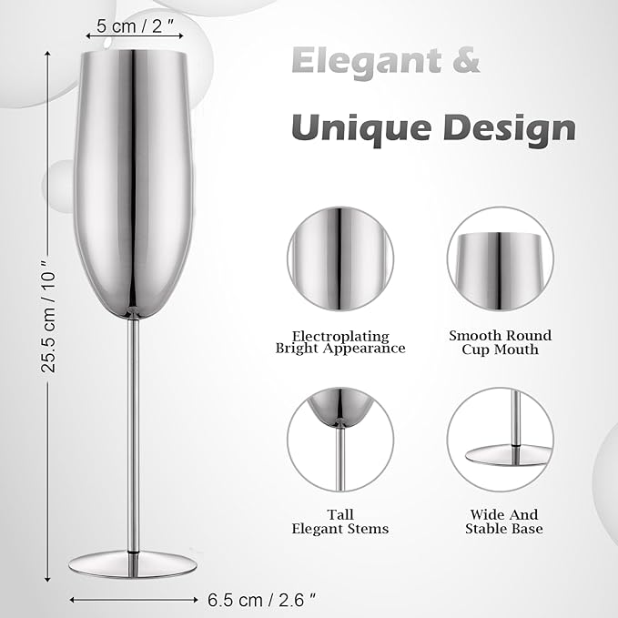 Stainless Steel Champagne Flutes Set of 4-Wedding &Birthday Gifts,8.5 Oz Unbreakable Champagne Glass with Long Stem,Reusable Indoor Outdoor Drinkware (Silver)