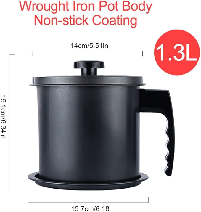 Ourokhome Bacon Grease Container with Strainer- 1.3 L or 5.2 Cup Iron Kitchen Oil Storage Can with Fine Mesh Strainer for Storing Hot Frying Oil, Fat (Black)