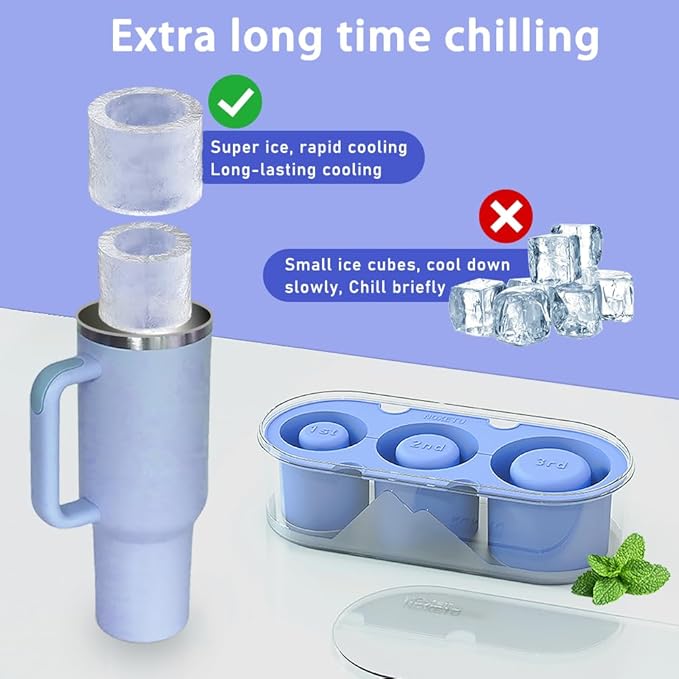 2PC Ice Mold for Stanley Cup 30/40 Oz - Easy Fill and Release Without Touching Ice, Silicone Ice Cube Tray with Clear Lid and Bin for Freezer, Whiskey, Cocktail (Blue+Blue)