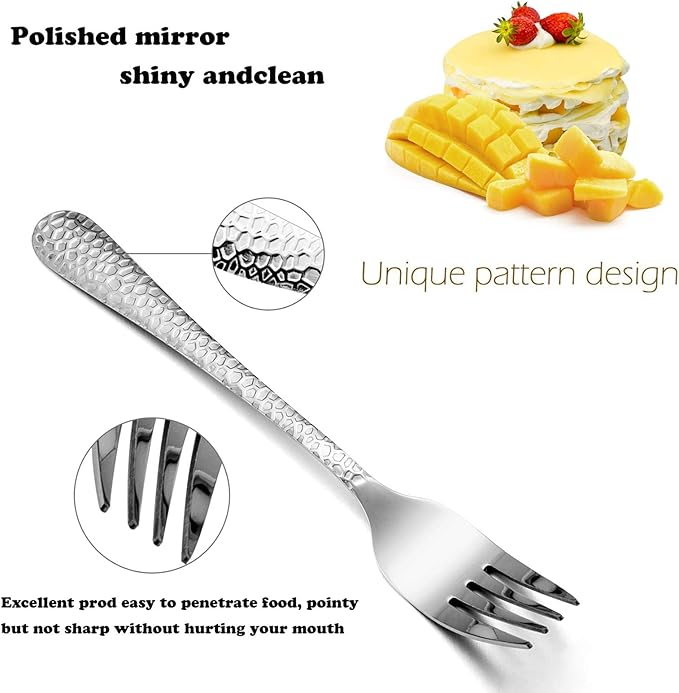 Hammered Dinner Forks Set, E-far 6-Piece Stainless Steel Salad Flatware Forks Use for Home, Kitchen, Restaurant, Round Edge & Mirror Polished, Dishwasher safe - 7.9 Inches