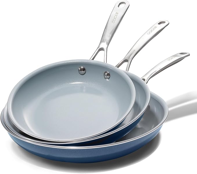 Coicur Nonstick Ceramic Frying Pans 8" 9.5" 11" Ceramic Skillets Set with Stainless Steel Handle Omelet Pans Healthy Cooking Chef Pans, PFOA Free, Navy Blue