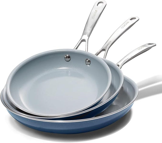 Coicur Nonstick Ceramic Frying Pans 8" 9.5" 11" Ceramic Skillets Set with Stainless Steel Handle Omelet Pans Healthy Cooking Chef Pans, PFOA Free, Navy Blue