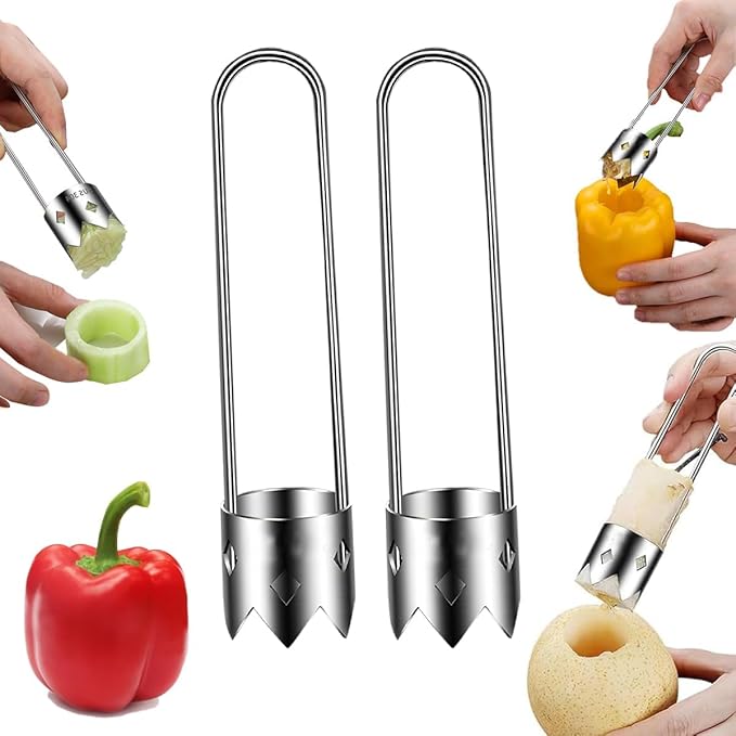 2 PCS Red Bell Pepper Seed Corer-Multifunctional Fruit And Vegetable Core Remover,Kitchen Gadgets for Pepper, Pineapple, Pear (silvery)