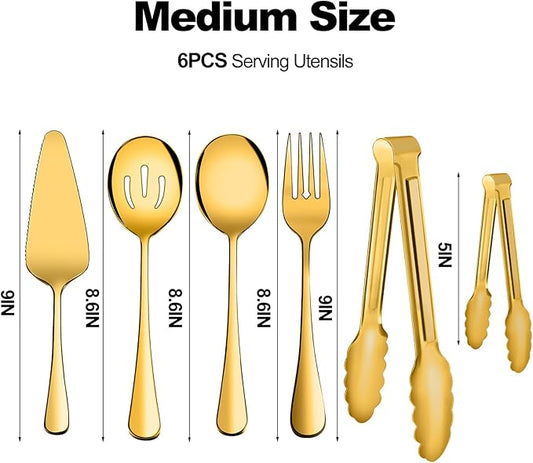 Serving Utensils, XEVOM 6-Piece Stainless Steel Serving Utensil Set Include Serving Spoon, Slotted Serving Spoon, Serving Fork,Serving Tong, Appetizers Tong,Pie Server(Gold)