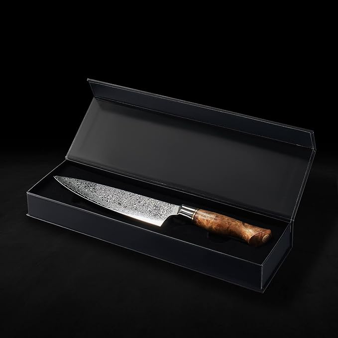 SENKEN 8" Damascus Steel Chef's Knife - Dynasty Collection - 67-Layer Japanese VG10 Steel with Sycamore Wood Handle, Razor Sharp Double Bevel 15° Edge