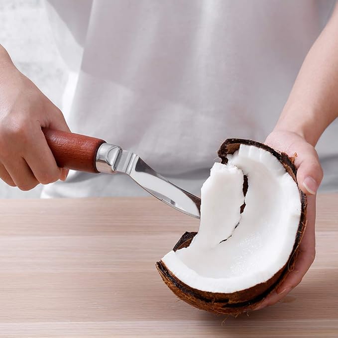 Coconut Opener Tools, Set of Stainless Steel Coconut Puncher with Straws, Brush, Coconut Meat Remover with Wood Handle, For Green & Young Coconut