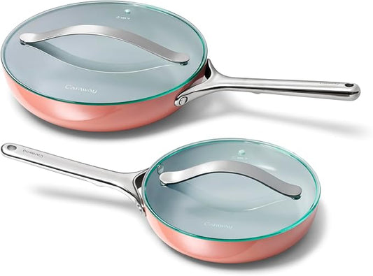 Caraway Ceramic Fry Pan Duo with Glass Lids - Non-Stick Frying Pans (10.5” & 8”) - Non Toxic, PTFE & PFOA Free - Oven Safe & Compatible with All Stovetops – Perracotta