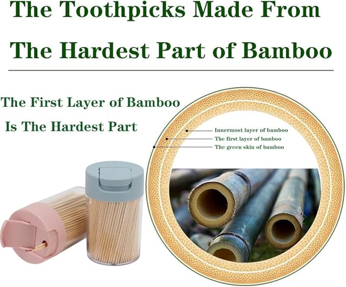 Toothpick Dispenser, 1000 Count Bamboo Toothpicks with 2 Reusable Toothpick Dispenser, Sturdy Smooth Health Toothpicks for Party, Bar, Olive, Barbecue, Fruit and Teeth Cleaning