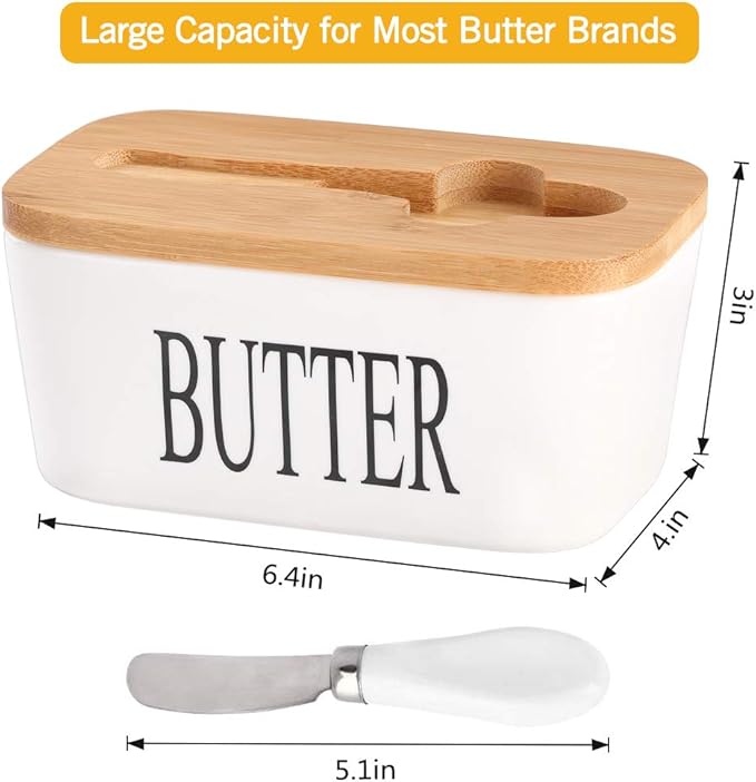 Ceramic Butter Dish with Wooden Lid, Large Butters Container Keeper Storage with Stainless Steel Knife Spreader, Bamboo Cover and Silicone Sealing Ring for West East Coast, White