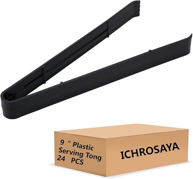 Plastic Serving Tongs 24 Pack, 9 Inch Black Disposable Kitchen Utensils, Food Safe Salad Tongs for Buffets BBQ (24, Black)