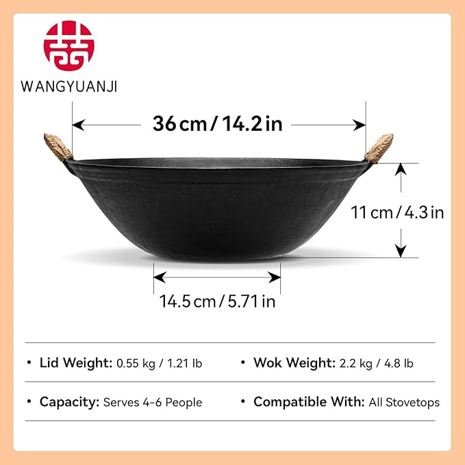 WANGYUANJI Handmade Cast Iron Wok 14.2 inch Large Woks Stir-Fry Pans with Dual Handle,Fry Pan Suitable for Induction, Electric, Gas, Halogen All Stoves-Black,Uncoated Craft Pot Healthy Cooking Wok