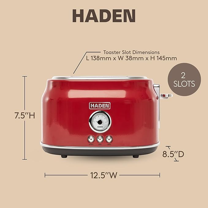 Haden Dorset 2 Slice Wide Slot Stainless Steel Toaster with Adjustable Browning Control & Non-Slip Feet, Rectory Red