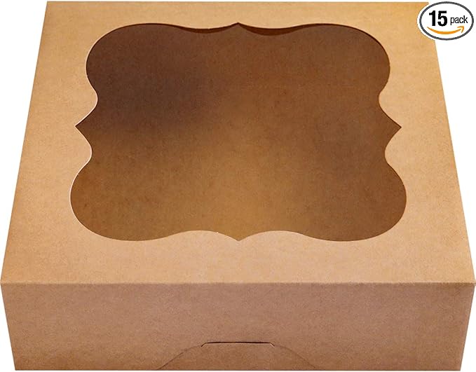 CHERRY 15-Pack 10"x10"x3"Brown Bakery Boxes with PVC Window for Pie and Cookies Boxes Small Natural Kraft Paper Box 10x10x3inch Pack of 15