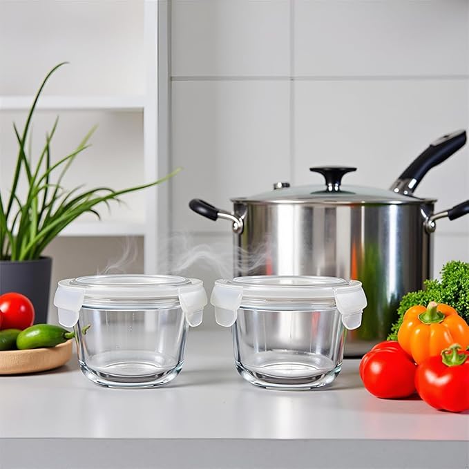 2 Cup Round Glass Food Storage Containers with Airtight Lids,18oz Round Glass Soup Container, BPA free food storage containers for Soup, Leftover. Microwave, Freezer, Dishwashe safe-4pack