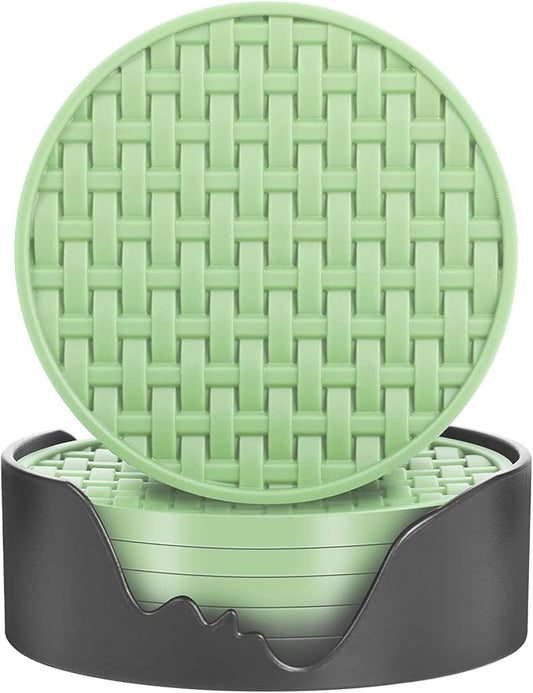 Green Silicone Coasters Set of 6 with Holder, 4 Inch Round Non-Slip Heat Resistant Waterproof Coaster, Decorative Cup Mats for Coffee Table, Home, Kitchen, Office, Bar