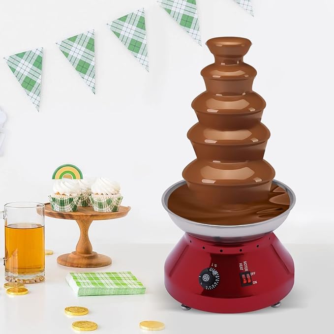 5 Tier Commercial Chocolate Fountain, 230W 7lb Large Capacity Stainless Steel Hot Chocolate Fondue Tower Fountain Machine for Buffet Dinner, Wedding Parties, 86-230℉ (Red)