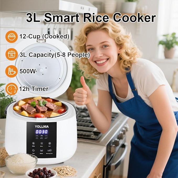 Yollnia 3L Rice Cooker 12 cups (Cooked), Mini Digital Rice Cooker,6 in 1 Multicooker for Grain, Preset and Reheat Options, 12-Hr Delay Timer, Auto Keep Warm, Non-Stick Inner Pot with Steaming Basket
