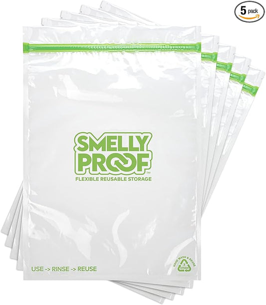 Smelly Proof Reusable Food Storage Bags, Reusable Freezer Bags, MADE IN USA, Dishwasher-Safe, BPA FREE, NO PEVA, 3-mil Thick Bags Extra Large+ Clear Flat 2-Gallon 12” x 16”, 5-Pack