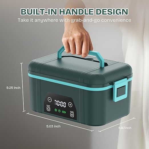Cordless Heated Lunch Box, Smart Timer Automatic Heating Food Warmer for Adults, 5.5-Cup Portable Electric Lunch Container with Handheld Insulated Bag