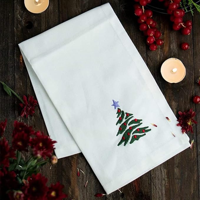 Christmas Cloth Napkins White Dining Table Dinner Napkins|Washable Cotton Napkins Easter Basket Decor|Christmas Tree Embroidered 18x18 in White Pk of 6 Cocktail Party Napkins