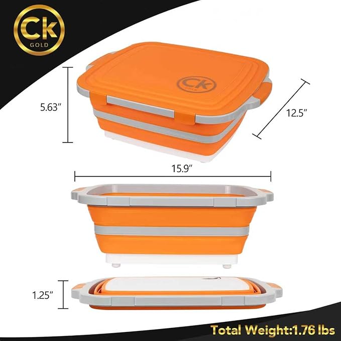 New LARGE Collapsible BBQ Prep Tub /LOCKING Lid, Cutting Board & Drain Hole | BPA-Free, Food-Grade, Recyclable, Space-Saving Buckets for Grilling, Camping, Kitchen & Outdoor Cooking (Orange, 8 Liters)