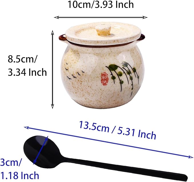 Japanese Willow Pattern Ceramic Sugar Jar & Spice Container with Lid & Stainless Steel Spoon Set – Kitchen Storage, Elegant Sakura Design,Gift