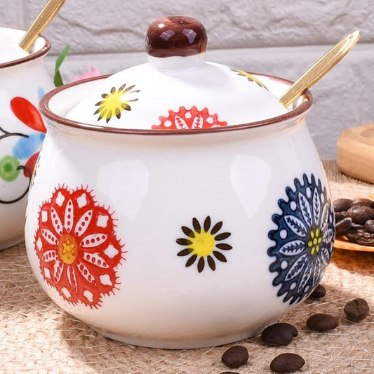 Ceramic Sugar Bowls with Spoons, Salt Jar Seasoning Container with Lid for Home and Kitchen (XYH)