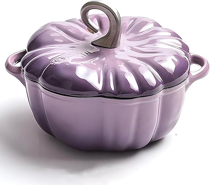 Lebolna Pumpkin Cocotte,Pumpkin Dutch Oven Pot with Lid,Enamel Cast Iron Cooking Pot,Non Stick Pumpkin Pot,Stew Pot Soup Pot,Serves 3-5,Halloween Thanksgiving Decor Pot Gift(3.9 Quart, Purple)