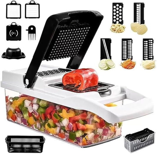 16-in-1 Vegetable Chopper Slicer & Dicer - Manual Food Chopper with 8 Stainless Steel Blades, 1.2L Container for Kitchen, Onion Cutter, Veggie Slicer, Hand Operated, White