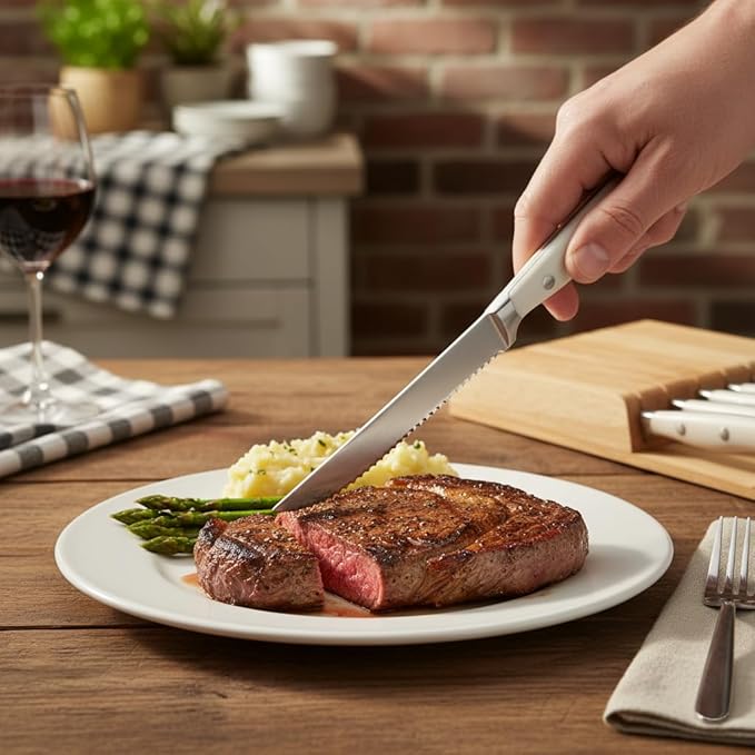 Alata 6-Piece White Steak Knives Set with Block, Stainless Steel Steak Knife set with Serrated Edge, Razor-Sharp, Full-Tang Construction