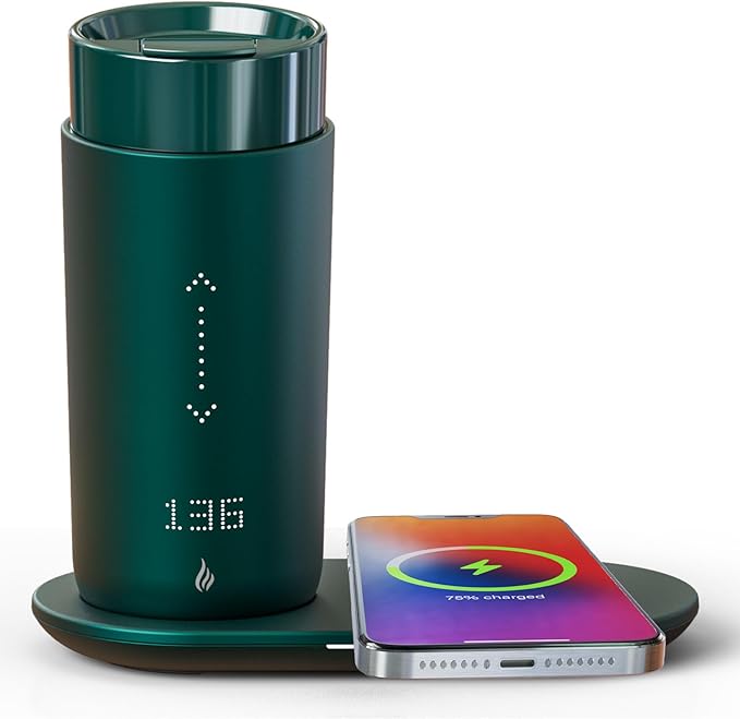 LEGARDLILIU Temperature Control Heated Coffee Mug Smart Self Heating Travel Mug 12 Oz App Controlled Warmer Mug 4-10 Hour LED Display Keep Coffee Hot Fast Wireless Charger Base Jade Green