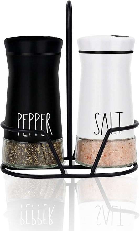 Aelga Farmhouse Salt & Pepper Shakers with Holder & Adjustable Pour Holes, Refillable Salt Shaker for Himalayan, Kosher, Black and White Pepper